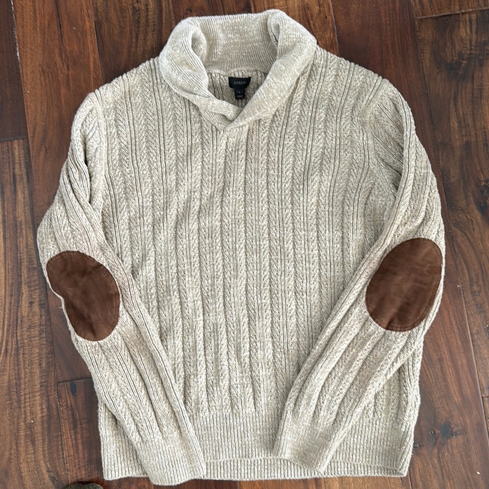 J CREW | 100% Cotton Cable Knit Shawl Pullover Sweater with Elbow Patches